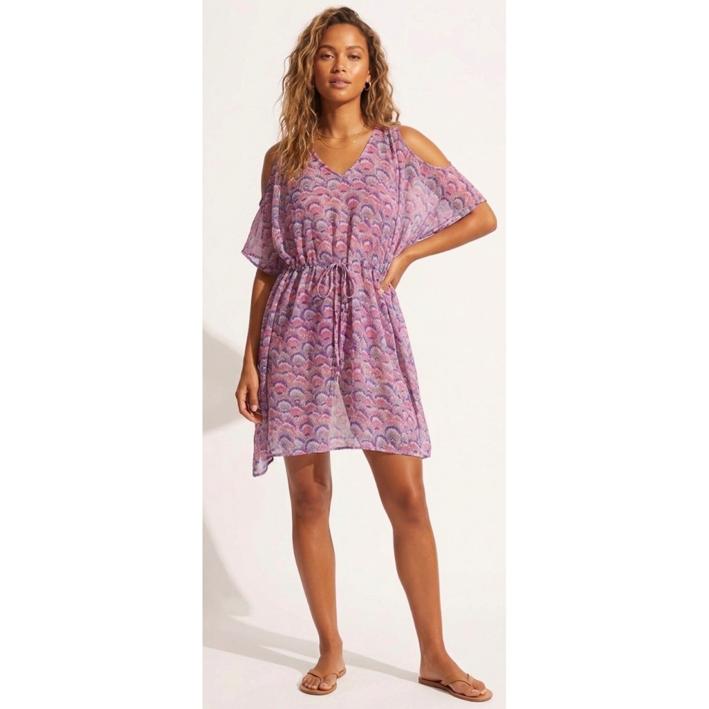 The Royal Standard Cold Shoulder Swim Cover Up Dress Pink Blue Fan Print S/M